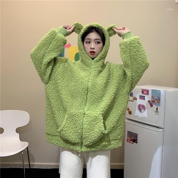

women's jackets autumn winter plush coat imitation lambs loose jacket cute bear's ear hooded zipper kawaii hoodies, Black;brown