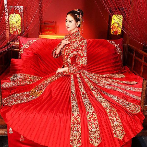 

classic mandarin collar cheongsam marriage suit tassel embroidery long sleeve chinese wedding dress traditional qipao vestidos ethnic clothi, Red