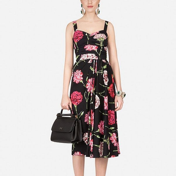 

summer women's runway dresses v-neck spaghetti strap sleeveless floral printed ruched elegant mid calf casual dresses 210514, Black;gray