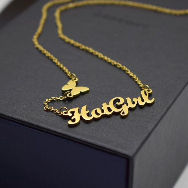 

chains stainless steel gold cursive girl with butterfly necklace for women kids jewelry choker friend birthday gift, Silver