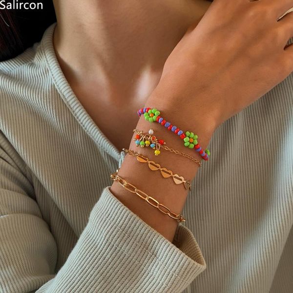 

beaded, strands multi layer chain link bracelets for women 2021 trend boho colorful bedaed bracelet on hand geometric heart jew, Black