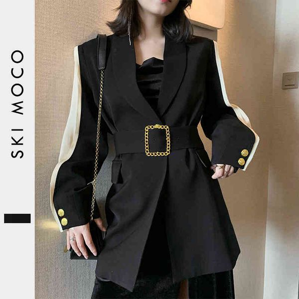 

Women's Suits & Blazers Women Blazer Feminino Metal Gold Buckle Belt Black Femme Fashion Ladies Jacket Coat Outwear Mujer High Quality 9ES3, White;black