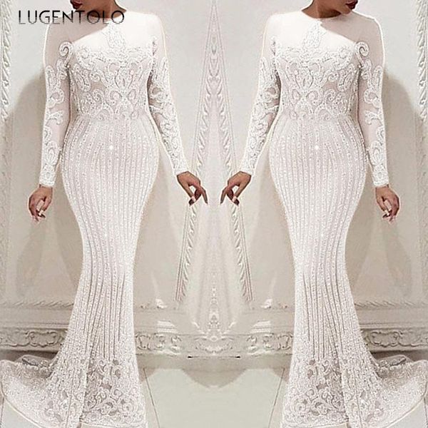 

lugentolo sequin dress women party elegant white slim dresses long sleeve o-neck ladies dinner fashion maxi casual, Black;gray