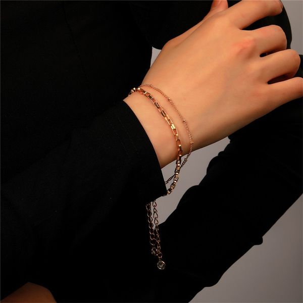 

korean metal double layer thin chain geometric business crystal circle bracelets women party gift alloy summer hand jewelry sets accessories, Black
