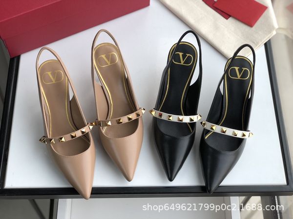 

luxury shoes ins high-grade giant beautiful rivet high-heeled sho women's thin heel one-sided with pointed back empty baotou sandals, Black