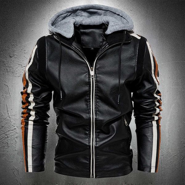 

mens leather jacket with hood autumn winter streetwear biker jacket motorcycle jacket mens casual coat thin slim fit lightweight 211009, Black