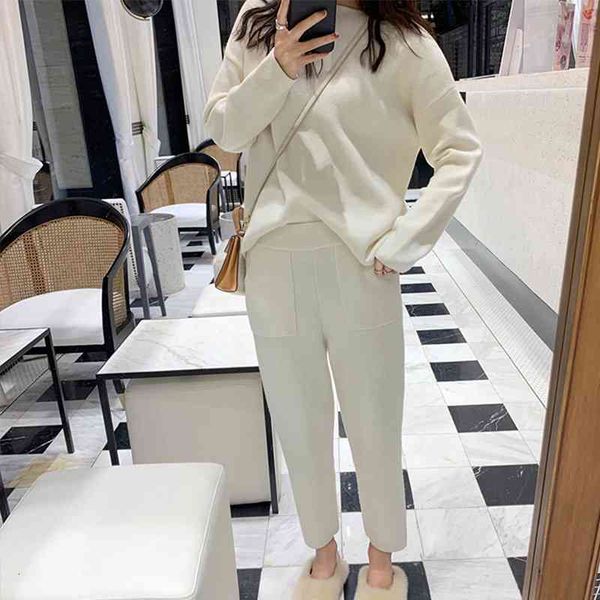 

pants knitted women's two sweater set pant suit autumn ankle-length sports suits female fashion batwing sleeve 2 piece sets, White