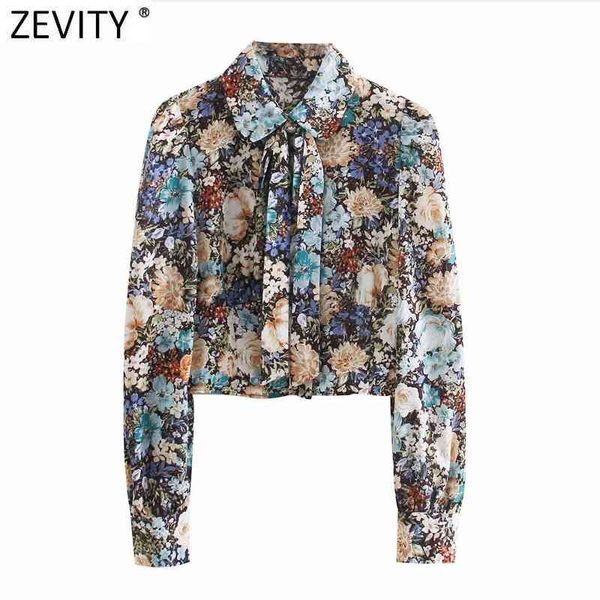 

zevity women vintage floral print short blouse female breasted shirts bow decoration chic office femininas blusas ls7619 210419, White