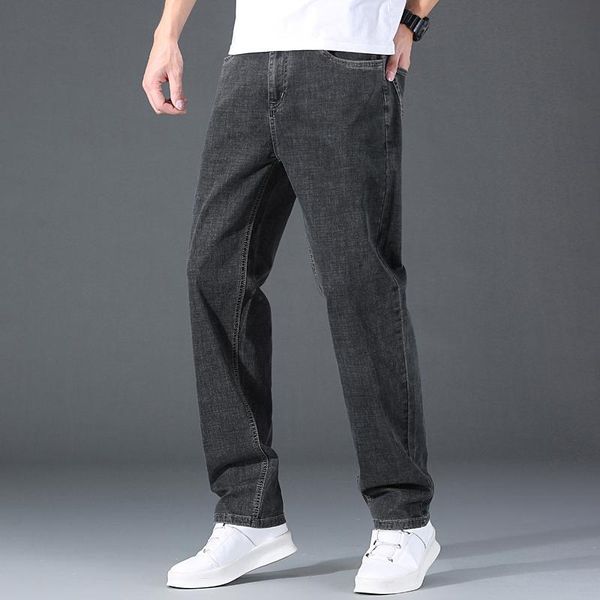 

men's jeans summer thin male plus size loose casual fashion classic washed cotton elasticity straight denim trousers brand pants, Blue