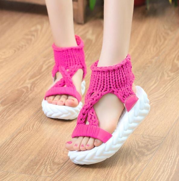 

casual summer shoes women comfortable wool ladies platform sandals knit high heels grey rose red sandales, Black