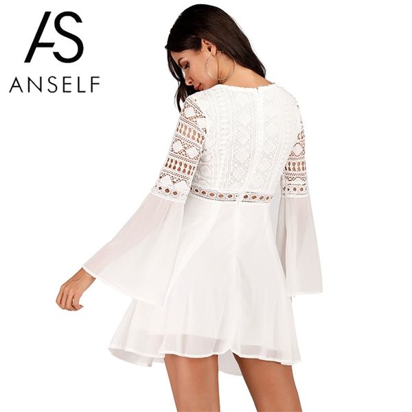 

anself womens dress v-neck hollow out long sleeve mini chiffon dress elegant white boho woman dress casual lace vestido, Black;gray