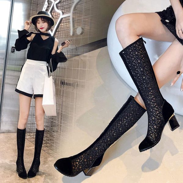 

boots women shoes summer transparent high heels knee ladies woman square heel boot mesh big size 42 43, Black