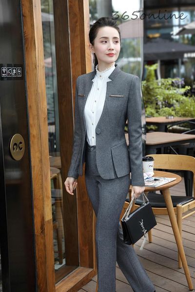 

novelty grey ladies office formal uniform designs business suits ol work wear blazers autumn winter professional pantsuits women's two, White