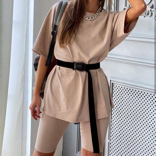

women's tracksuits summer solid two piece shorts suits with belt women casual sports bicycle 2021 fashion outfits home wear, Gray