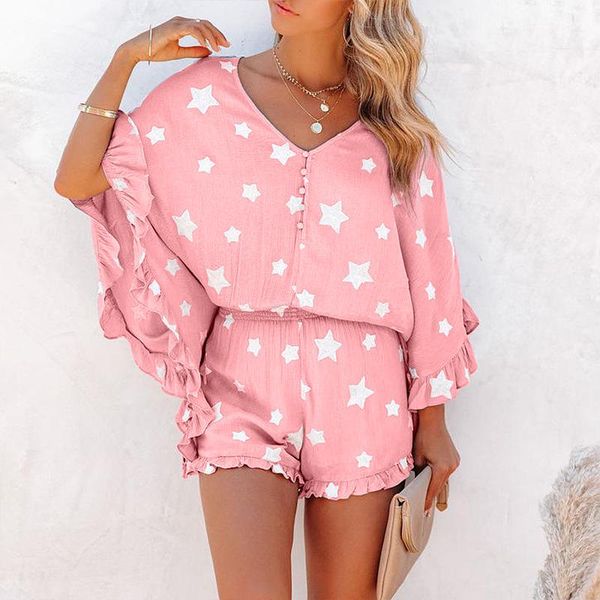 

women's tracksuits women v neck buttoned 3/4 batwing sleeve blouse outfits spring star print shorts suit summer loose ruffle two piece, Gray