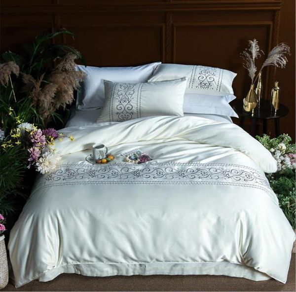

bedding sets white silk/cotton princess set luxury 4pcs embroidery duvet cover  king size solid sheet color bedclothes linen