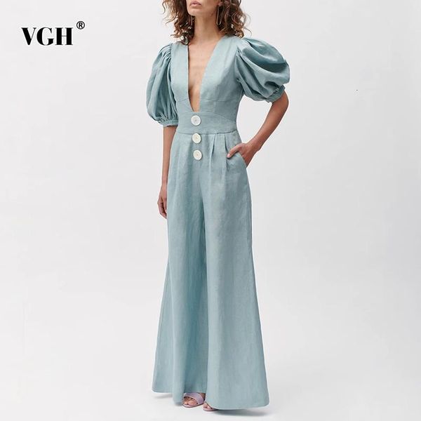 

women's jumpsuits & rompers vgh casual loose v neck lantern half sleeve high waist flare pants lace up jumpsuit female 2021 tide fashio, Black;white