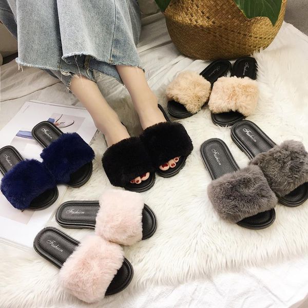 

slippers 2021 summer wear flat non-slip cool hairy women, Black