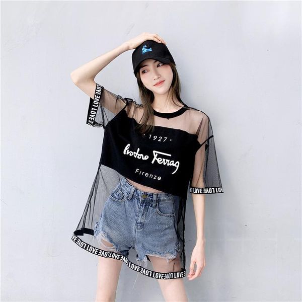 

women's t-shirt t shirt women 2021 summer harajuku punk letters print hollow out mesh t-shirts female short sleeve o-neck loose tshirt, White