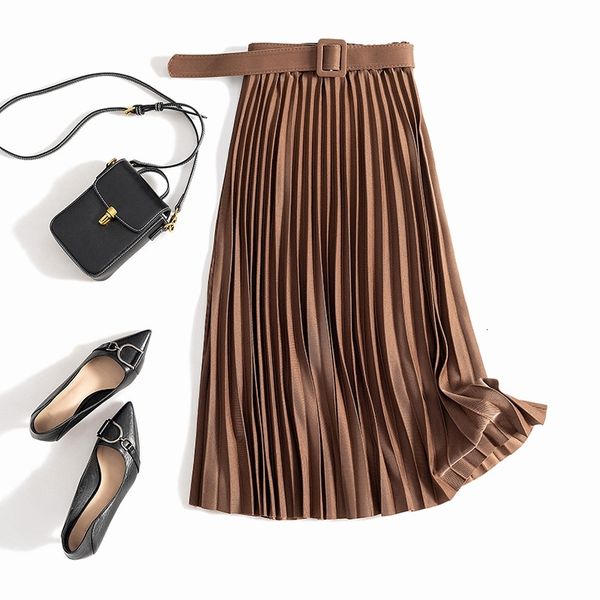 

women's pants & capris skirts womens autumn mid-length style with belt elastic high waist a-line fashion retro elegant pleated ski, Black;white