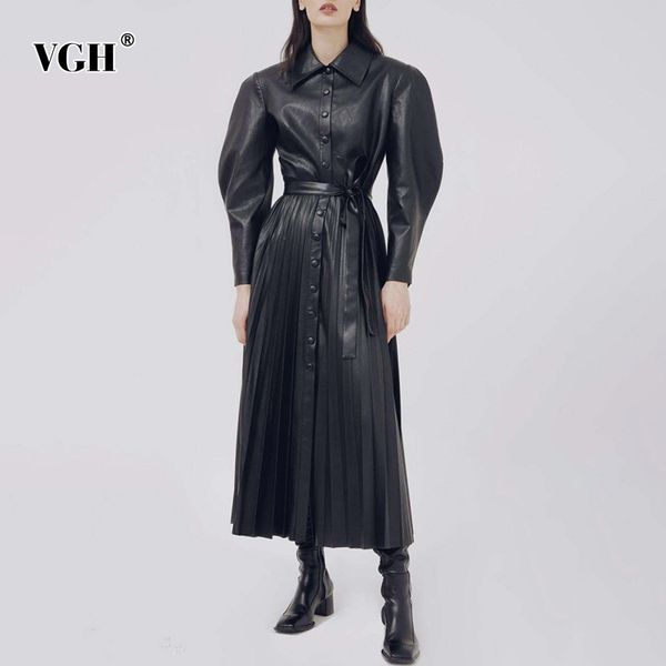 

lace up dress for women lapel collar long sleeve ruched high waist designer black pu dresses female autumn clothing 210507, Black;gray