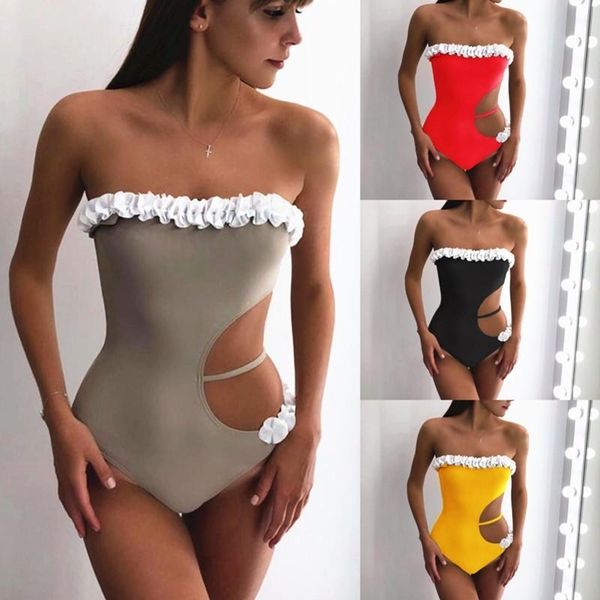 

one-piece suits 2021 ruffles one piece swimsuit women solid hollow out bodysuit monokini bandeau swimwear female bathing suit beachwear