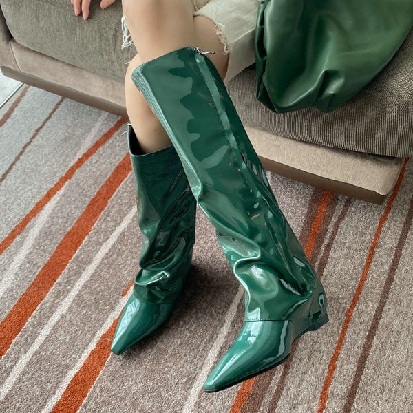 

boots genuine leather bomb skirt women fashoin comfort square toe wedge heel zip knee green mirror patent shoes uod1, Black
