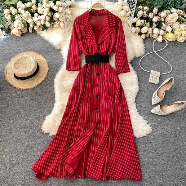 

autumn winter women's notched collar single breasted striped long dress female 3/4 sleeve beige/green/red vestidos with sashes y0603, Black;gray