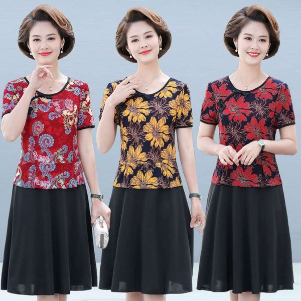 

fake two piece stitched dress short sleeve middle aged and old people's style mother's summer, Black;gray