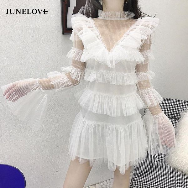 

casual dresses junelove mesh patchwork mini dress vintage women v neck flare sleeve perspective party female ruffles vestidos, Black;gray