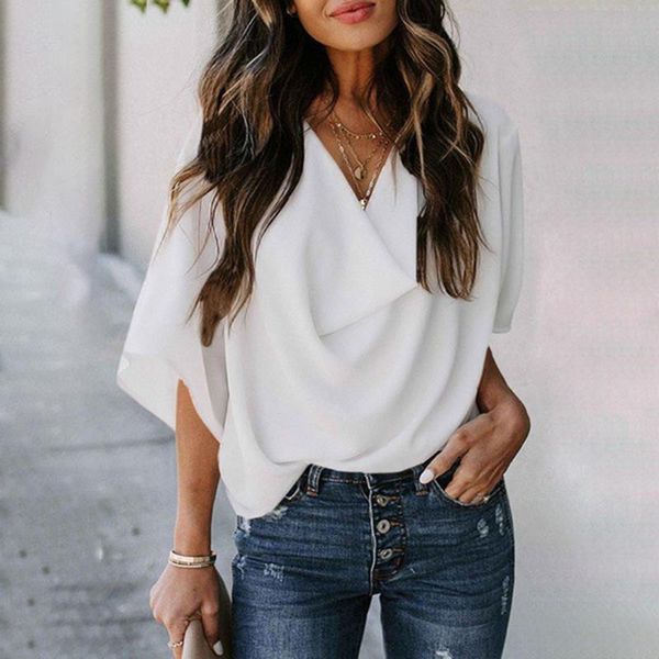 

women's blouses & shirts 2021 summer short sleeve white women chiffon office loose casual ladies woman elegant blouse femme plus size