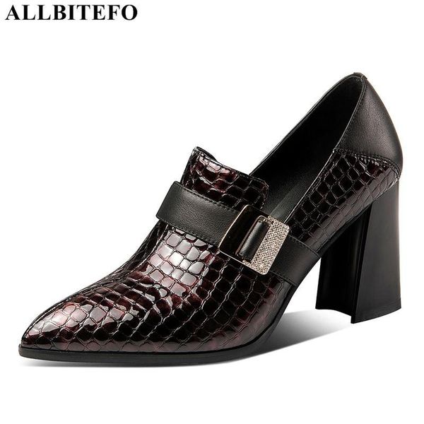 

dress shoes allbitefo genuine leather snake skin thick heel women rhinestone high office ladies heels, Black