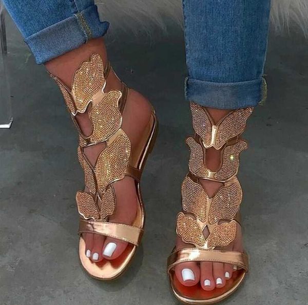 

large women's diamond sandals summer flat bottom butterfly fish mouth size 35- 41 42 43, Black