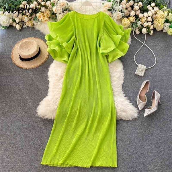 

solid color loose ladies pleated dress summer fashion chic dresses female double layer butterfly sleeve vestidos 210422, Black;gray