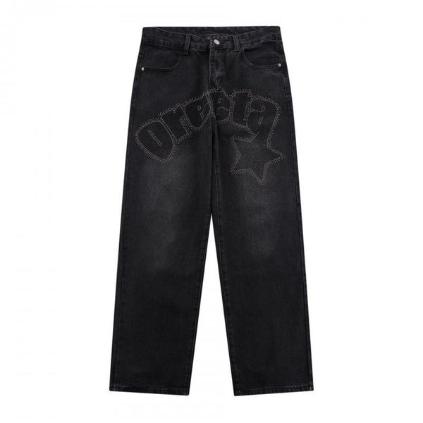 

men's jeans american style trendy black diamond straight-leg for men and women retro hip-hop loose wide-leg casual pants, Blue