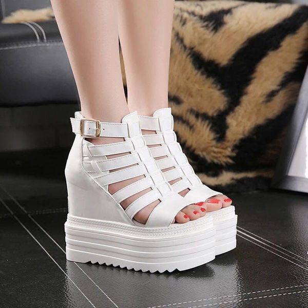 

women 2021 rome height increasing cutout super high heels sandals platform pure color fashion heel shoes, Black