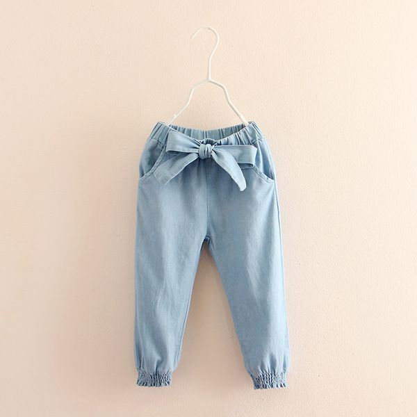 

baby girl jeans 2021 casual spring autumn 2 3-8 9 10 11 12 years teenage children elastic bow lantern denim jeans for girls kids, Blue