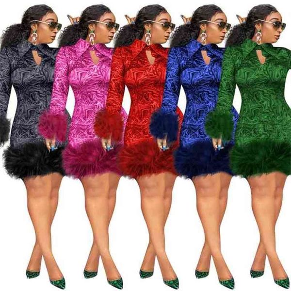 Зимние платья с перьями Женские винтажные принты Bodycon Африканские женские вечерние платья с длинным рукавом Mini Sexy Club Black Plus Size 2XL 3XL 201102