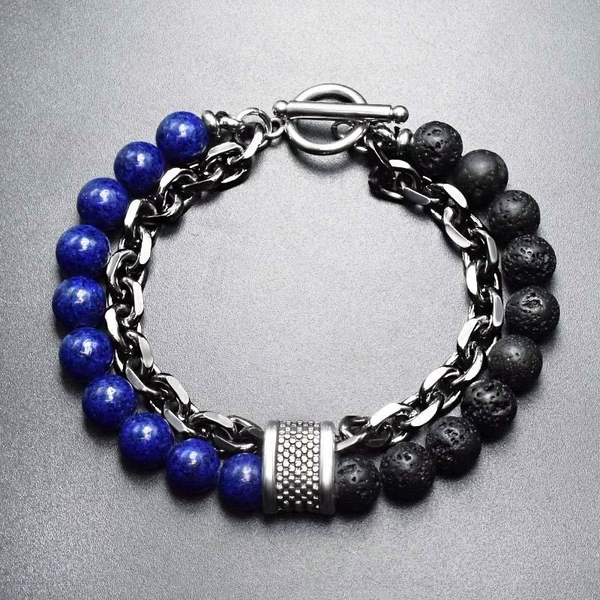 

natural frosted stones bracelet for men double-layer chain link bangle wristband fashion charm jewelry, Golden;silver