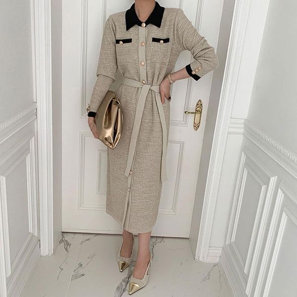 

casual dresses office lady elegant turn-down collar knit dress single breasted long sleeve belt slim femme robe 2021 autumn korean chic vest, Black;gray