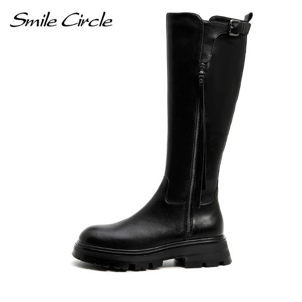 

boots smile circle knee-high women long cow leather keep warm winter platform thick bottom ladies black