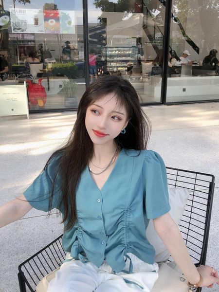 

women's polos summer 2021 double-breasted draw string design unlined upper garment of french women temperament with short sleeves, White