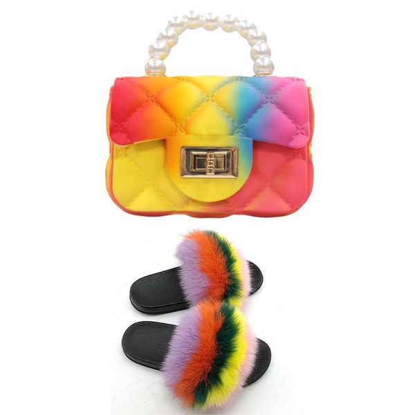 

2021women shoes fur slides and jelly purse set furry slippers with purses extra fluffy sandals for woman matching handbags, Black