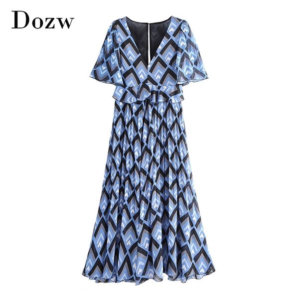 

women fashion geometric print pleated dress v neck flare short sleeve casual long maxi ruffles hollow out chiffon 210515, Black;gray