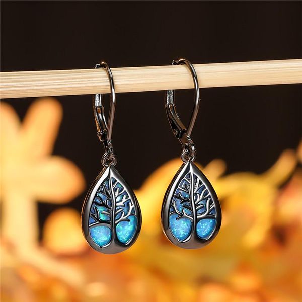 

dangle & chandelier blue white fire opal water drop earrings cute tree of life for women vintage fashion black gold wedding, Silver