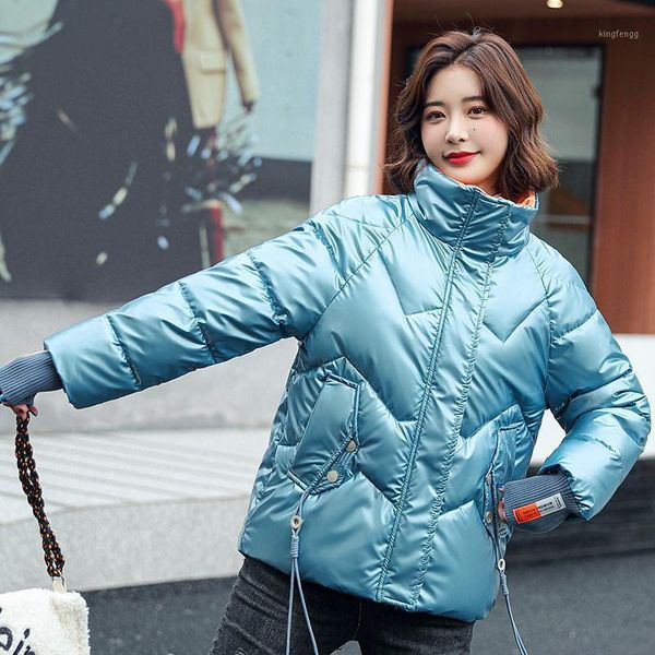 

women's down & parkas 2021 short gloosy parka coat fashion color contrast winter jacket women full sleeve stand collar bright, Black