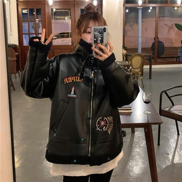 

women's leather & faux jacket cotton clothes autumn and winter design loose plush thickened coat, Black