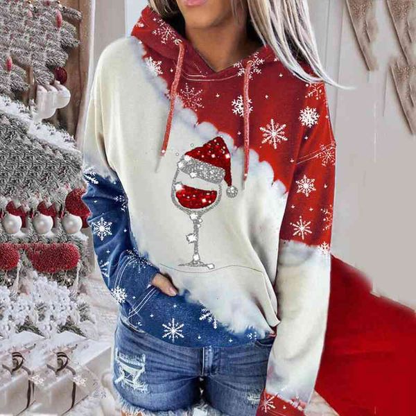 

Fashion Women Pullover Christmas Red Wine Glass Print Hooded Contrast Sweatshirt Top Drawstring Lace Up Clothing Jacket Jumper, White;black