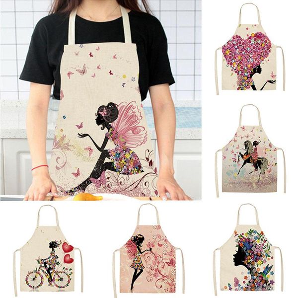 

aprons cotton linen easy cleaning flower butterflies girl printed waist bib women 68x49cm/49x40cm home cooking tool waterproof