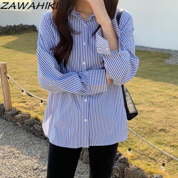 

elegant striped solid blusas mujer 2021 spring turn-down long sleeve shirt single breasted loose vintage women's blouse blouses & shirt, White